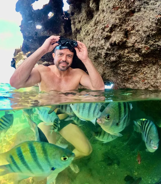 Turista na água ao lado das pedras, com peixes em volta
